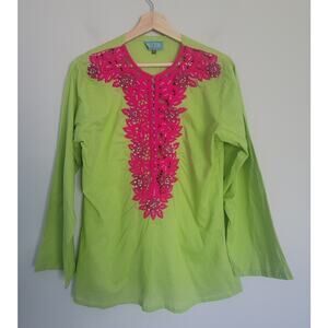 TAJ by Sabrina Crippa Top Womens L Beaded Crochet Blouse Green Pink